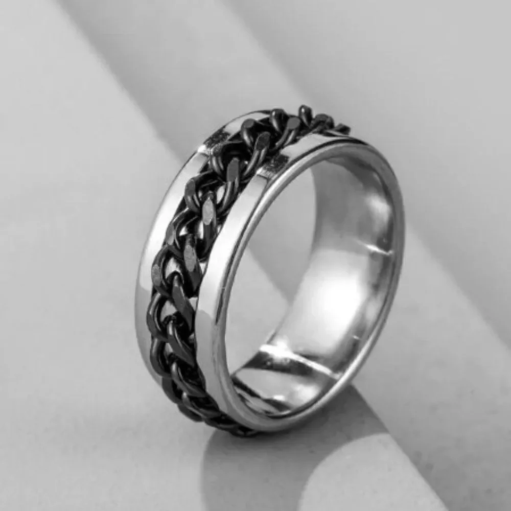 SILVER STAINLESS STEEL BLACK BRAIDED RING